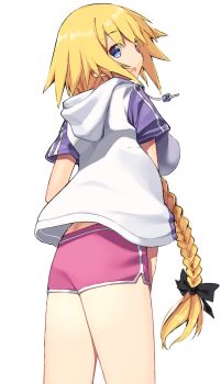 Rule 34 | 1girl, ass, back, blonde hair, blue eyes, blush, braid, braided ponytail, breasts, dolphin shorts, drawstring, fate/grand order, fate (series), highres, hood, hooded jacket, jacket, jeanne d'arc (fate), jeanne d'arc (ruler) (fate), kei (soundcross), large breasts, long hair, looking at viewer, looking back, pink shorts, short sleeves, shorts, thighs, very long hair, white jacket