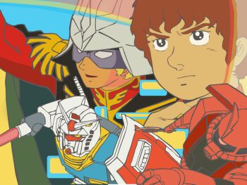1970s_(style) 1980s_(style) 2boys amuro_ray blonde_hair char_aznable combat_helmet earth_federation energy_beam energy_sword epaulettes gundam heat_hawk helmet key_visual magazine_scan mecha military_rank_insignia military_uniform mobile_suit mobile_suit_gundam multiple_boys official_art oldschool promotional_art red_hair retro_artstyle robot rx-78-2_gundam scan science_fiction shield sideburns sword traditional_media v-fin weapon yasuhiko_yoshikazu zaku_ii_s_char_custom zeon