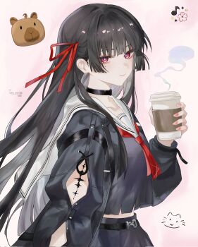 1girl belt black_belt black_choker black_hair black_jacket black_serafuku black_shirt chisa_(wuthering_waves) choker coffee hair_ribbon highres holding jacket long_hair long_sleeves looking_at_viewer red_eyes ribbon school_uniform serafuku shirt simple_background skirt smile takedraws wuthering_waves