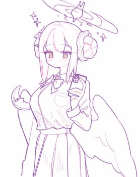 1girl angel_wings blue_archive bow bowtie breast_pocket cellphone closed_mouth collared_shirt double_bun dress_shirt expressionless hair_bun hair_ornament hair_scrunchie halo holding holding_phone long_sleeves mika_(blue_archive) nagakiras2 phone pleated_skirt pocket school_uniform scrunchie shirt simple_background skirt smartphone solo spot_color white_background wings yellow_eyes