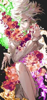 1girl absurdres alternate_costume automaton_(object) black_background cecilia_immergreen closed_mouth colorful deadpan detached_sleeves doll_joints feet_out_of_frame flower green_eyes green_hair green_liquid grey_hair grey_shirt grey_shorts highres hololive hololive_english hugging_object joints mouchu multicolored_hair one_eye_covered pink_flower purple_flower purple_liquid red_flower red_hair shirt short_hair shorts simple_background solo streaked_hair virtual_youtuber yellow_liquid