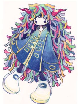 1boy astralcarousel black_eyes black_thighhighs blonde_hair blue_hair blue_jacket closed_mouth commentary english_commentary expressionless green_hair highres horns jacket kikuo large_shoes light_blush long_sleeves male_focus mob_face multicolored_hair pale_skin pink_hair shoes simple_background sleeves_past_wrists solo thighhighs white_background white_shoes