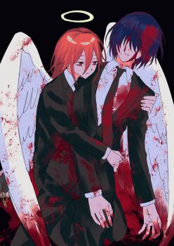 androgynous angel angel_devil_(chainsaw_man) angel_wings black_background black_jacket black_necktie black_pants blood blood_in_hair blood_on_arm blood_on_clothes blood_on_face blood_on_hands blood_splatter blood_stain blue_hair collared_shirt crying crying_with_eyes_open death feathered_wings formal_clothes hair_between_eyes halo hayakawa_aki hug jacket long_hair multiple_boys necktie pants red_hair shirt short_hair solo suit tears traditional_halo user_ypcd7434 white_shirt white_wings wings