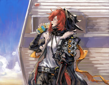 1girl absurdres ahoge animal_ear_hood arknights black_jacket black_pants bottle camper_trailer closed_eyes commentary_request cowboy_shot crownslayer_(arknights) drink drinking duplicate eudaemonm facing_to_the_side fake_animal_ears fingerless_gloves floppy_ears fur-trimmed_jacket fur_trim gloves highres holding holding_bottle holding_drink hood hooded_jacket hyena_ears hyena_girl hyena_tail jacket key keyring long_sleeves mask mouth_mask open_clothes open_jacket open_mouth orange_ribbon outdoors pants pixel-perfect_duplicate profile recreational_vehicle red_hair red_tail ribbon shirt short_hair sidelocks single_fingerless_glove smoke_grenade solo trailer white_shirt