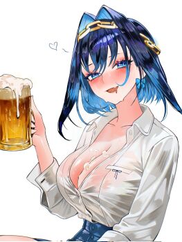 1girl alcohol beer beer_mug blue_hair blue_pants blush breasts center_opening chain chain_hairband colored_inner_hair commentary cup drunk hair_intakes high-waist_pants highres holding holding_cup hololive hololive_english large_breasts medium_hair mug multicolored_hair ouro_kronii ouro_kronii_(casual) pants sanya_(sanya_lox228) see-through_clothes see-through_shirt shirt solo upper_body virtual_youtuber white_shirt