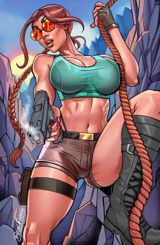 1girl absurdres aqua_sports_bra boots breasts brian_miroglio brown_hair brown_shorts fingerless_gloves gloves grey_boots grey_gloves gun handgun highres holding holding_gun holding_rope holding_weapon lara_croft large_breasts looking_at_viewer midriff navel outdoors red-tinted_eyewear rope round_eyewear short_shorts shorts signature solo sports_bra tinted_eyewear tomb_raider weapon