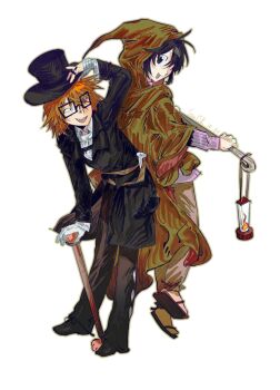 2boys black_coat black_eyes black_hair brown_cloak cane cloak coat glasses hashtag-only_commentary hat highres holding holding_cane holding_staff hood hood_up lantern looking_at_another male_focus multiple_boys orange_hair randal&#039;s_friends randal_ivory short_hair simple_background soulsk staff standing top_hat tsukada_satoru white_background
