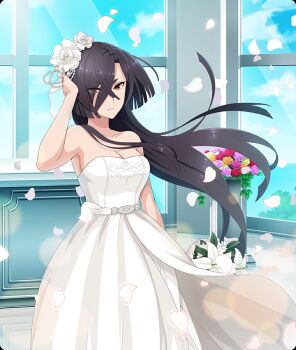 Rule 34 | 1girl, bare shoulders, black hair, blue sky, bouquet, breasts, brown eyes, cleavage, closed mouth, collarbone, day, dress, eyes visible through hair, falling petals, feet out of frame, flower, game cg, green flower, green rose, hair flower, hair ornament, hair over one eye, hand on own head, holding, holding bouquet, indoors, large breasts, lily (flower), long hair, looking at viewer, official art, orange flower, orange rose, origami yukari, petals, purple flower, purple rose, red flower, red rose, rose, sky, solo, strapless, strapless dress, third-party source, toji no miko, toji no miko: kizamishi issen no tomoshibi, very long hair, wedding dress, white dress, white flower, white petals, window