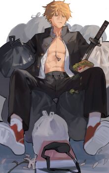 1boy absurdres artist_name belt black_pants blonde_hair chainsaw_man collared_shirt commentary denji_(chainsaw_man) eyepatch flower food from_below full_body gakuran highres katana korean_commentary looking_at_viewer male_focus null_(skev7724) open_clothes open_shirt pants petals sandwich school_uniform shirt shoes short_hair simple_background sitting solo sword teeth toned toned_male trash_bag weapon white_background white_shirt yellow_eyes