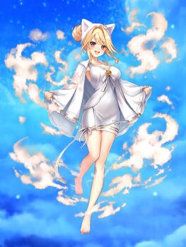 1girl :d animal_hat armpits baizu_(guszx) barefoot blonde_hair blush breasts cat_hat cleavage cloak cloud collarbone dress embarrassed full_body hair_bun hat large_breasts looking_at_viewer official_art open_mouth red_eyes shironeko_project short_dress sierra_(shironeko_project) single_hair_bun single_side_bun sky smile solo standing standing_on_one_leg steam teeth tented_shirt thighs third-party_source tsurime upper_teeth_only white_cloak white_dress white_hat