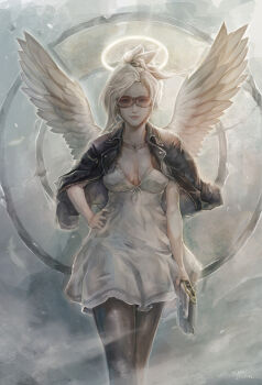 1girl angel_wings bespectacled black_pantyhose blue_eyes breasts casual cleavage cross cross_necklace dress feathered_wings female_focus glasses gun halo hand_on_own_hip handgun high_ponytail highres jacket jacket_on_shoulders jewelry leather leather_jacket lips long_hair mercy_(overwatch) necklace overwatch overwatch_1 pantyhose ponytail silver_hair smile solo sunglasses weapon white_dress wings xion