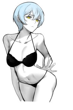 absurdres angela_(project_moon) armpit_crease blue_hair breasts expressionless hand_on_own_hip helseujang highres knees_out_of_frame large_breasts library_of_ruina limited_palette looking_at_viewer navel pale_skin project_moon thighs underwear yellow_eyes