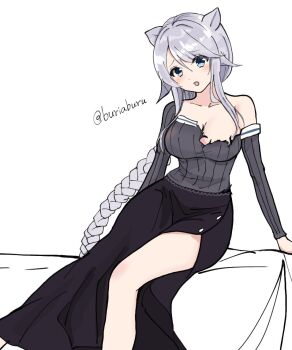 1girl blue_eyes braid breasts buriaburu cleavage feet_out_of_frame grey_hair grey_sweater kantai_collection long_hair medium_breasts mole mole_under_eye one-hour_drawing_challenge ribbed_sweater simple_background single_braid sitting solo sweater torn_clothes twitter_username umikaze_(kancolle) umikaze_kai_ni_(spring)_(kancolle) very_long_hair white_background