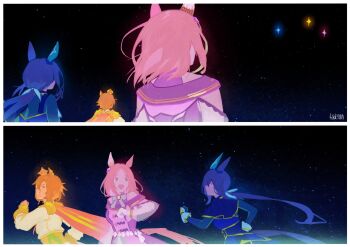 3girls :d admire_vega_(starry_nocturne)_(umamusume) admire_vega_(umamusume) animal_ears artist_name bare_shoulders blue_hair border fikkyun grin highres horse_ears horse_girl horse_tail long_hair looking_at_another low_ponytail medium_hair multiple_girls narita_top_road_(the_proud_road)_(umamusume) narita_top_road_(umamusume) open_mouth orange_hair pink_hair ponytail short_hair sky smile split_screen star_(sky) starry_sky t.m._opera_o_(o_sole_suo!)_(umamusume) t.m._opera_o_(umamusume) tail umamusume umamusume:_road_to_the_top white_border
