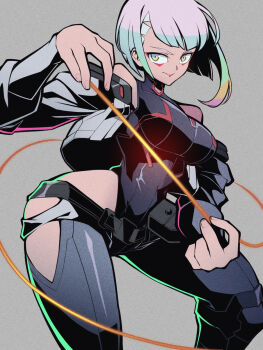 1girl breasts closed_mouth clothing_cutout commentary_request cyberpunk:_edgerunners cyberpunk_(series) eyeliner grey_background guilty_gear guilty_gear_strive highres lucy_(cyberpunk) makeup monowire off-shoulder_jacket off_shoulder pechamaju red_eyeliner simple_background smile solo white_hair yellow_eyes