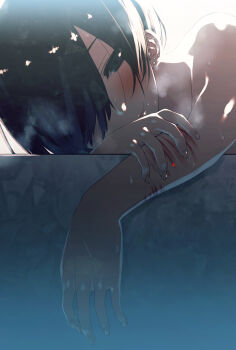 Rule 34 | 1boy, barbell piercing, bishounen, black eyes, black hair, bloom, blush, completely nude, ear piercing, earrings, hair over one eye, half-closed eyes, hand on own arm, highres, in bathtub, industrial piercing, jewelry, long bangs, looking at arm, male focus, nude, one eye covered, original, piercing, portrait, rejoys, scar, self-harm scar, short hair, side labret piercing, smile, solo, steam, stud earrings, trap, wet, wrist cutting