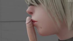 1boy 1girl 2b_(nier:automata) 3d animated blindfold close-up fellatio from_side grey_hair hetero highres kissing_penis licking lips lipstick makeup nier:automata nier_(series) oral penis pink_lips redmoa short_hair small_penis sound square_enix tongue tongue_out twitching_penis video