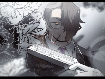 Rule 34 | 1boy, alternate costume, ascot, asymmetrical bangs, beard stubble, black-framed eyewear, black ascot, black butterfly, black coat, black suit, black vest, blurry, blurry background, blurry foreground, brooch, brown hair, bug, butterfly, cigarette, coat, collared shirt, dress shirt, e.g.o (project moon), facial hair, finger on trigger, formal clothes, glasses, gloves, gregor (project moon), grey background, gun, hair over one eye, hair over shoulder, half-closed eyes, hand up, handgun, highres, holding, holding gun, holding weapon, insect, jacket, jewelry, light particles, limbus company, long hair, long sleeves, looking at viewer, low ponytail, male focus, mouth hold, okazu1324343, one eye covered, parted bangs, parted lips, photoshop (medium), pistol, ponytail, portrait, project moon, purple brooch, revolver, semi-rimless eyewear, shirt, simple background, smile, smirk, smoke, smoking, solemn lament (e.g.o), solo, stubble, suit, under-rim eyewear, upper body, vest, wavy hair, weapon, white butterfly, white gloves, white shirt, wings, yellow eyes