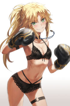 1girl absurdres bare_shoulders black_bra black_panties blonde_hair boxing_gloves bra braid breasts collarbone commentary_request fate/apocrypha fate_(series) green_eyes grin hair_ornament hair_scrunchie half_up_braid highres jewelry long_hair looking_at_viewer mordred_(fate) mordred_(fate/apocrypha) necklace orange_hair panties parted_bangs ponytail scrunchie short_hair sidelocks simple_background small_breasts smile solo thighs tonee underwear underwear_only white_background