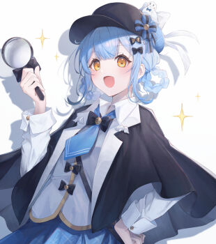 1girl :d black_bow black_capelet black_hat blue_hair blue_necktie blue_skirt bow braid braided_hair_rings capelet collared_shirt commentary_request deerstalker detective drop_shadow grey_vest hair_bow hair_rings hand_on_own_hip hand_up hat highres holding holding_magnifying_glass long_sleeves looking_at_viewer magnifying_glass mahou_shoujo_no_majo_saiban necktie open_mouth shirt short_hair skirt smile solo sparkle tachibana_sherry vest white_background white_shirt yellow_eyes zeroarchive00