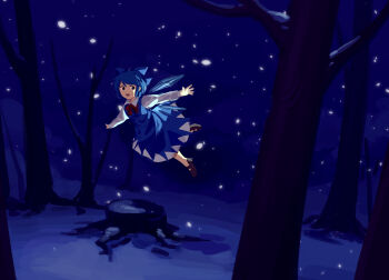 1girl :d bare_tree blue_bow blue_dress blue_eyes blue_wings bow cirno dress fairy flying furahata_gen hair_bow highres ice ice_wings long_sleeves looking_to_the_side night no_socks open_mouth outstretched_arms purple_shoes shirt shoes short_hair sleeve_cuffs smile snowing solo swept_bangs touhou tree tree_stump white_shirt wings