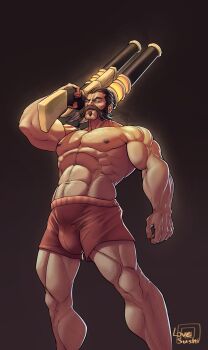Rule 34 | 1boy, abs, absurdres, bara, beard, boxers, brown hair, connected beard, facial hair, goatee, graves (league of legends), gun, highres, holding, holding gun, holding weapon, ilovefsushi, league of legends, male focus, male underwear, mature male, muscular, mutton chops, nipples, pectorals, red male underwear, solo, sparse chest hair, sparse leg hair, underwear, underwear only, weapon