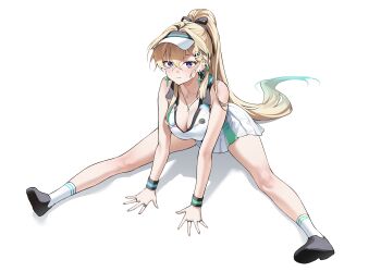 1girl absurdres alternate_costume alternate_hairstyle ayoni_623 black_bow blonde_hair blush bow braid braided_bangs breasts cleavage closed_mouth commentary_request full_body gradient_hair hair_between_eyes hair_bow hair_ornament highres jewelry large_breasts leaning_forward long_hair looking_at_viewer lynae_(wuthering_waves) multicolored_hair necklace ponytail purple_eyes shirt simple_background skirt skull_hair_ornament socks solo sportswear spread_legs stretching tennis_uniform white_background white_shirt white_skirt white_socks wuthering_waves