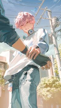 1boy absurdres bamby_(plave) black_gloves blue_butterfly blue_sky bug butterfly fingerless_gloves fqdyy from_below gloves headphones headphones_around_neck highres holding_another&#039;s_wrist insect k-pop long_sleeves looking_at_another male_focus out_of_frame outdoors parted_lips pink_eyes pink_hair plave power_lines shirt sky utility_pole white_shirt