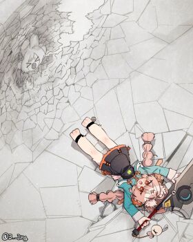 >_< 1girl 3_jung animal_ears animal_feet anklet aqua_shirt commentary crack cracked_wall full_body furry furry_female happy highres holding holding_sword holding_weapon jewelry long_hair lying on_back on_ground open_mouth pink_fur pink_hair rabbit_girl red_eyes shirt smoke solo sword symbol-only_commentary tearing_up twintails weapon zenless_zone_zero zhao_(zenless_zone_zero)