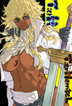 1girl bleach blonde_hair breast_tattoo breasts character_name closed_mouth colored_eyelashes dark-skinned_female dark_skin espada green_eyes holding holding_sword holding_weapon large_breasts medium_hair number_tattoo scary_stories_collection sword tattoo tier_harribel underboob weapon