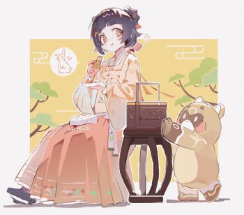 1girl animal aoqun architecture banfenxuhuan899 basket black_hair bob_cut braid braided_bun chinese_commentary double_bun east_asian_architecture full_body genshin_impact guoba_(genshin_impact) hair_bun hanfu heart highres long_sleeves mamianqun orange_skirt pleated_skirt rabbit red_panda sitting skirt solo spoken_heart square_neckline table tree wide_sleeves xiangling_(genshin_impact)