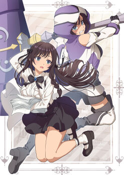 2girls absurdres alina_clover angry black_gloves black_shoes black_shorts black_skirt boots border brown_hair clenched_teeth commentary dual_persona girugiru_(tektonics6588) gloves green_eyes guild_no_uketsukejou_desu_ga_zangyou_wa_iya_nanode_boss_wo_solo_toubatsu_shiyou_to_omoimasu hammer highres holding holding_hammer holding_paper holding_weapon hood hood_up long_hair long_sleeves multiple_girls open_mouth ornate_border paper shirt shoes shorts simple_background skirt socks teeth thigh_boots weapon white_shirt white_socks