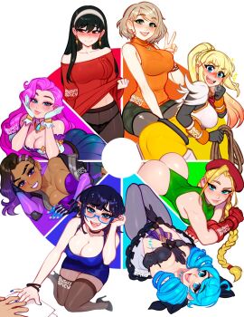 6+girls :d ahoge arm_behind_back artist_logo artist_name ashley_graham ass asymmetrical_hair bare_arms bare_shoulders beret black_bow black_choker black_gloves black_hair black_panties black_pantyhose blonde_hair blue-framed_eyewear blue_dress blue_eyes blush blushyspicy bow bra_visible_through_clothes braid breasts brown_hair brown_pantyhose cammy_white choker cleavage closed_mouth clothes_lift color_coordination color_wheel color_wheel_challenge cowboy_shot crossover dark-skinned_female dark_skin darkness_(konosuba) detached_collar dress earrings english_text facial_scar fang fingerless_gloves glasses gloves green_eyes green_hair green_leotard grey_dress grin gwen_(league_of_legends) hair_bow hair_ornament hair_rings hairband hat high-waist_pantyhose highres holding holding_rope huge_ahoge jewelry kono_subarashii_sekai_ni_shukufuku_wo! large_breasts league_of_legends leotard lifting_own_clothes logo long_hair looking_at_viewer looking_back medium_breasts multicolored_hair multiple_crossover multiple_drawing_challenge multiple_girls narrow_waist necklace off-shoulder_dress off-shoulder_sweater off_shoulder open_mouth original overwatch overwatch_1 panties panties_under_pantyhose pantyhose paper pink_eyes pink_gloves pink_hair pleated_skirt pointy_ears ponytail reaching red_dress red_eyes red_gloves red_headwear red_sweater resident_evil resident_evil_4 rope scar scar_on_cheek scar_on_face semi-rimless_eyewear seraphine_(league_of_legends) shiny_skin short_hair sidecut skirt skort sleeveless sleeveless_turtleneck smile sombra_(overwatch) spy_x_family street_fighter street_fighter_ii_(series) surprised sweater sweater_dress sweater_lift teeth thighhighs thighs thong_leotard torn_clothes torn_pantyhose turtleneck twin_braids two-tone_hair undercut underwear unfinished v vampire very_long_hair vivian_seong_(blushyspicy) watermark web_address white_gloves white_hairband x_hair_ornament yor_briar zettai_ryouiki