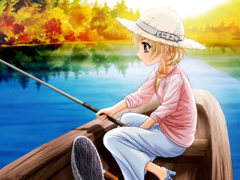 Rule 34 | 1girl, autumn, blonde hair, boat, female focus, fishing, fishing rod, hat, holding, holding fishing rod, on boat, patricia (princess maker 4), princess maker (series), princess maker 4, sleeves rolled up, solo, tenhiro naoto, water, watercraft