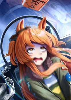 1girl absurdres aircraft airplane animal_ears bomber_jacket book drooling fighter_jet green_jacket green_shirt highres horse_ears horse_girl jacket long_hair manjo_(warito) mayano_top_gun_(scramble_zone)_(umamusume) mayano_top_gun_(umamusume) military_vehicle mouth_drool open_mouth orange_eyes orange_hair reflection shirt solo two_side_up umamusume