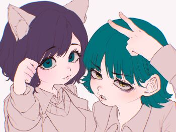 2girls :3 animal_ear_fluff animal_ears arm_up blue_eyes blue_hair borrowed_character cat_ears cat_girl commentary_request grey_shirt hand_up heart heart-shaped_pupils highres long_sleeves looking_at_viewer mole mole_under_eye multiple_girls okubatomaeba original parted_bangs paw_pose purple_hair shirt short_hair simple_background smile swept_bangs symbol-shaped_pupils v white_background yellow_eyes
