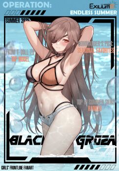1girl alternate_costume armpits arms_behind_head arms_up art_undertaker bikini black_bikini black_choker blush brown_bikini brown_hair bubble character_name choker closed_mouth commentary copyright_name cowboy_shot english_commentary english_text eyepatch girls'_frontline girls'_frontline_2:_exilium groza_(girls'_frontline_2) highleg highleg_bikini highres long_hair looking_at_viewer micro_shorts multicolored_bikini open_fly orange_eyes ots-14_(girls'_frontline) partially_submerged shorts smile solo spoilers swimsuit two-tone_bikini water white_shorts