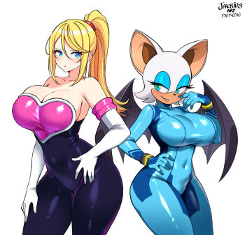 2girls :o alternate_breast_size_(larger) animal_ears bare_shoulders bat_ears bat_wings black_bodysuit blonde_hair blue_bodysuit blue_eyes blush bodysuit breasts cleavage collarbone cosplay costume_switch covered_groin covered_navel female_focus furry furry_female gloves green_eyes hair_between_eyes highres huge_breasts jarckius large_breasts long_hair looking_at_another metroid multiple_girls navel nintendo ponytail rouge_the_bat rouge_the_bat_(cosplay) samus_aran samus_aran_(cosplay) sonic_(series) white_gloves wings wristband zero_suit