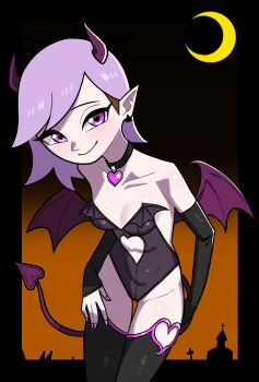 1girl absurdres amity_blight breasts cameltoe choker cleavage clothing_cutout crescent_moon demon_horns demon_tail demon_wings elbow_gloves gloves heart heart-shaped_pupils heart_choker heart_cutout highres horns leaning_forward leotard moon n_k_m navel_cutout pointy_ears purple_eyes purple_hair short_hair smile solo strapless strapless_leotard symbol-shaped_pupils tail the_owl_house thigh_gap thighhighs wings
