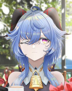 1girl ahoge bell black_bodystocking black_gloves bloodyblack blue_hair bodystocking cowbell cup ganyu_(genshin_impact) genshin_impact gloves goat_horns hair_between_eyes highres holding holding_cup horns long_hair neck_bell one_eye_closed parted_lips pink_eyes sleeveless sleeveless_bodystocking solo