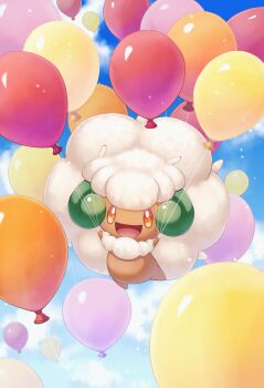 :d balloon cloud commentary_request day floating gen_5_pokemon holding holding_string kuromaru_(vxyn7345) looking_at_viewer nintendo no_humans open_mouth orange_eyes outdoors pokemon pokemon_(creature) sky smile solo string tongue whimsicott