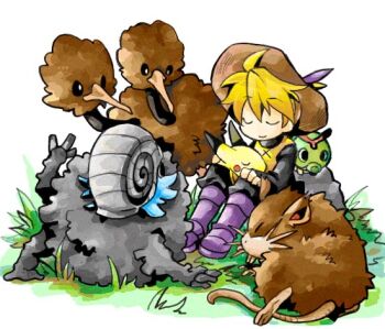 1990s_(style) 1girl androgynous bad_id blonde_hair boots caterpie closed_eyes doduo gen_1_pokemon grass graveler hat holding izumi_asuka nintendo omanyte outdoors pikachu pokemon pokemon_(creature) pokemon_adventures pokemon_rgby ponytail purple_footwear raticate retro_artstyle rock shell short_hair simple_background sitting tabard white_background yellow_(pokemon)