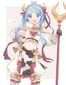 Rule 34 | 1girl, animal ears, animal print, armor, bell, belt, blouse, blue eyes, blue hair, blush, braid, braided bangs, chaps, collar, cow ears, cow print, detached sleeves, eyebrows hidden by hair, faulds, female focus, gold trim, hairband, hand on own hip, highres, holding, holding staff, long hair, mahiru (princess connect!), mahiru (ranger) (princess connect!), navel, neck bell, open mouth, pelvic curtain, princess connect!, puffy sleeves, red ribbon, red thighhighs, ribbon, shirt, sidelocks, simple background, solo, staff, stomach, swept bangs, tagme, tareme, thighhighs, two-tone background, v-shaped eyebrows, white background, white shirt, zuho (vega)