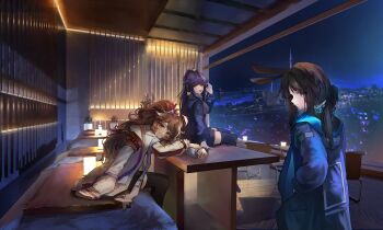 3girls absurdres amiya_(arknights) animal_ears arknights black_jacket black_thighhighs blue_eyes brown_eyes brown_hair chair closed_mouth coat commentary english_commentary eyjafjalla_(arknights) green_eyes hand_in_pocket headset highres hood hood_down hooded_coat indoors infection_monitor_(arknights) jacket jessica_(arknights) leaning leaning_on_table long_hair long_sleeves looking_at_viewer multiple_girls night on_table open_mouth plant ponytail potted_plant purple_coat purple_hair satismemory1223 sheep_ears sheep_girl sitting sitting_on_table smile table thighhighs white_jacket window