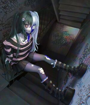 1girl @_@ absurdres black_boots black_skirt black_thighhighs boots brown_eyes commentary commission crossed_bangs english_commentary eyepatch feet_against_wall full_body graffiti green_hair hello_kitty hello_kitty_(character) highres knee_boots long_hair long_sleeves looking_at_viewer mdm4 medical_eyepatch miniskirt multicolored_hair one_eye_covered original parted_lips pink_shirt sanrio shirt skirt smile solo split-color_hair stairs striped_clothes striped_shirt thighhighs torn_clothes torn_thighhighs twintails two-tone_hair white_hair