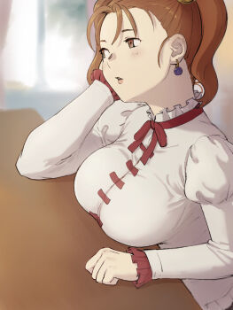 1girl alternate_costume arinsu_(kodamamaimai) blurry blurry_background breast_rest breasts breasts_on_table curtains day dragon_quest dragon_quest_viii earrings elbow_rest frilled_shirt frills highres indoors jessica_albert jewelry large_breasts lips long_sleeves looking_to_the_side official_alternate_costume orange_eyes orange_hair parted_lips red_ribbon ribbon shirt short_twintails solo table tight_clothes tight_shirt tree twintails upper_body white_shirt wooden_table