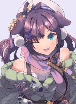 1girl aiba_uiha animal_ears aqua_eyes beret bow braid cardigan coat commentary dog_ears green_coat grey_background hair_bow hair_ornament hairclip hat long_hair long_sleeves looking_at_viewer mole nijisanji one_eye_closed open_mouth pom_pom_(clothes) purple_bow purple_hair scarf shirt sidelocks simple_background sleeveless sleeveless_shirt smile solo sweater taker_(flamestorm) twintails upper_body white_hat white_shirt