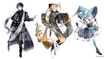 Rule 34 | 1girl, 2boys, absurdres, ahoge, alternate costume, ankle boots, aqua hat, aqua pantyhose, arm at side, arm behind head, asakura shino, black boots, black cape, black coat, black gloves, black hair, black pants, black shoes, block heels, blue dress, blue eyes, blue hair, blunt bangs, bob cut, boots, cape, capelet, closed mouth, coat, colored inner hair, copyright notice, cross, cross necklace, curtained hair, diamond earrings, dress, dual wielding, earrings, frilled dress, frills, fringe trim, full body, gloves, gold trim, hair between eyes, hand on headwear, hand up, hands up, hat, high heel boots, high heels, highres, holding, holding baton, holding wand, itoi toi (neo-porte), jewelry, lineup, long sleeves, looking at viewer, medium dress, multicolored coat, multicolored hair, multiple boys, necklace, neo-porte, official art, orange cape, orange coat, orange hair, pants, pantyhose, parted bangs, parted lips, priest, puffy short sleeves, puffy sleeves, puritan collar, purple capelet, purple coat, purple hair, rosary, sample watermark, scarf, shibuya hal, shoes, short hair, short sleeves, side cape, side part, simple background, single earring, sleeve cuffs, standing, standing on one leg, stole, two-sided cape, two-sided coat, two-sided fabric, two-tone coat, two-tone dress, virtual youtuber, wand, watermark, white background, white dress, white gloves, white pants, white scarf, white shoes, witch hat, yonemuro