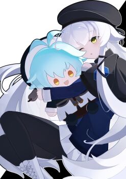 1girl :o ahoge altina_orion beret black_hat black_thighhighs boots capelet commentary double-parted_bangs eiyuu_densetsu floating_hair green_eyes hair_between_eyes hat highres holding holding_stuffed_toy long_hair long_sleeves millium_orion nonmajime one_eye_closed open_mouth sen_no_kiseki sen_no_kiseki_(series) sen_no_kiseki_iii simple_background skirt solo stuffed_animal stuffed_toy symbol-only_commentary thighhighs two_side_up white_background white_boots white_hair white_skirt