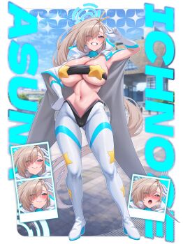 Rule 34 | 1girl, absurdres, aki yama73, asuna (blue archive), bikini, black bikini, blonde hair, blue archive, blue eyes, blue halo, blush, breasts, cape, cleavage, collarbone, cosplay, detached collar, expression chart, gloves, grin, groin, hair ornament, hair over one eye, hairpin, halo, highres, large breasts, long hair, looking at viewer, navel, pants, ponytail, salute, smile, solo, star (symbol), swimsuit, tengen toppa gurren lagann, two-finger salute, underboob, very long hair, white cape, white gloves, white pants, yoko littner, yoko littner (cosplay)